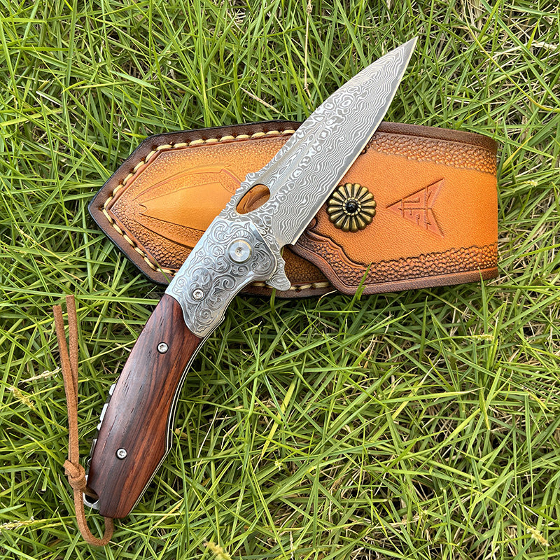 MASALONG Damascus Steel Rosewood Folding Pocket Knife - EDC Utility