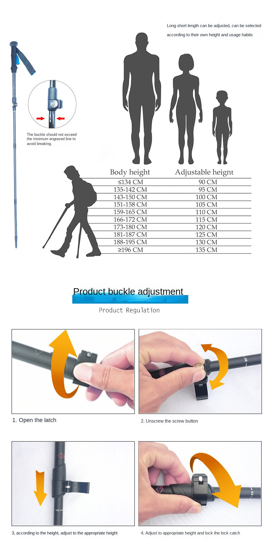 MA-QLM-006 Dobrável S01 Escalada Bastão 3K Fibra de Carbono Escalada Bastão Fivela de Metal Elástico Fibra de Carbono