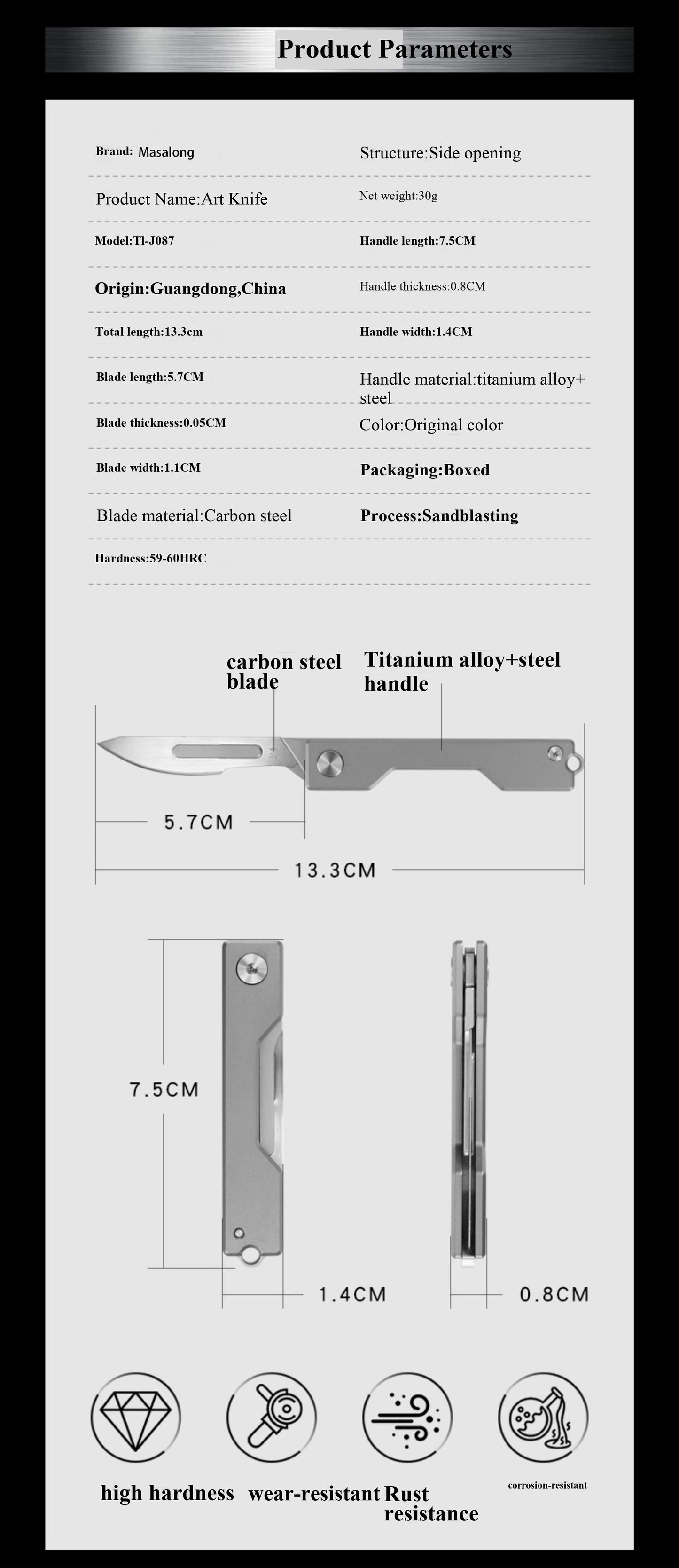 Masalong Utility Folding Scalpel Knife 10Pcs #24 Blades Titanium Alloy Handle with Keychain Hanger Loop kni237-b