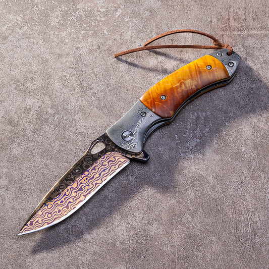 Kni283 Folding Knife Outdoor Camping Survival coreless Damascus Blade High Hardness Sand iron wood handle