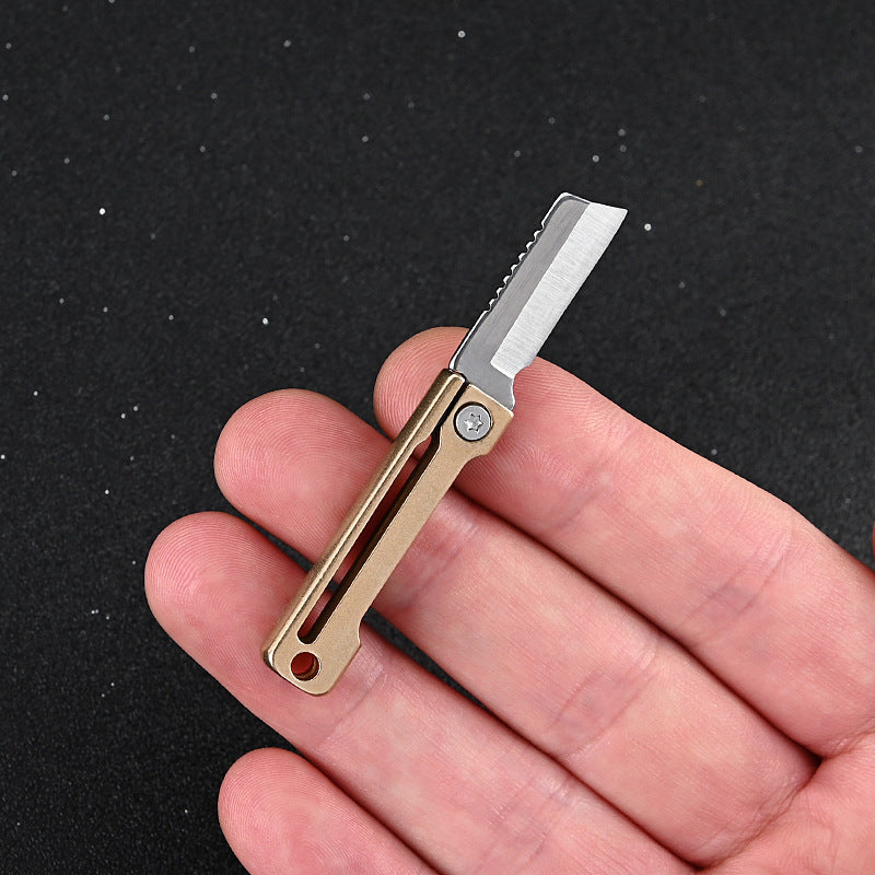 MASALONG MA-TY-009 Mini faca dobrável de latão afiada, portátil, rápida de remover, porta-chaves para faca de entrega, portátil, de bolso, faca de caixa aberta, autodefesa