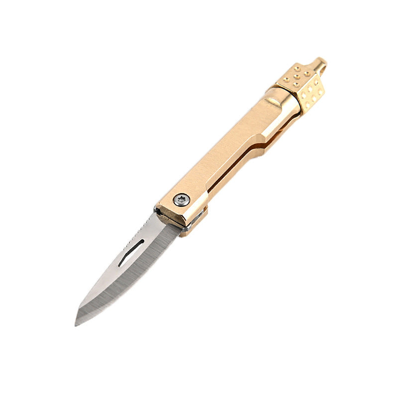 MASALONG MA-TY-041 Cuchillo plegable giratorio de latón con forma de dado, juguete de descompresión afilado, portátil, sin embalaje, caja abierta, mini cuchillo, llavero colgante