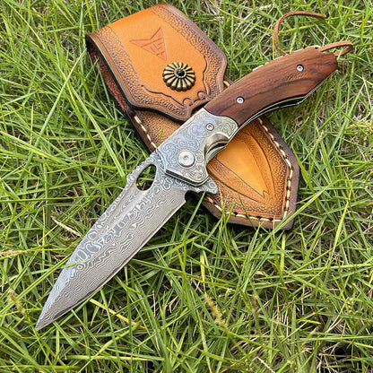 MASALONG Damascus Steel Rosewood Folding Pocket Knife - EDC Utility