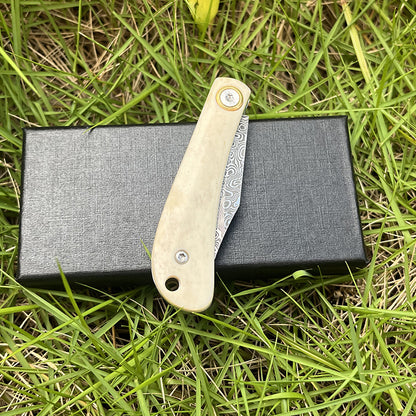 MASALONG VG10 Damascus Ox Bone Mini Keychain Folding Knife - EDC Utility