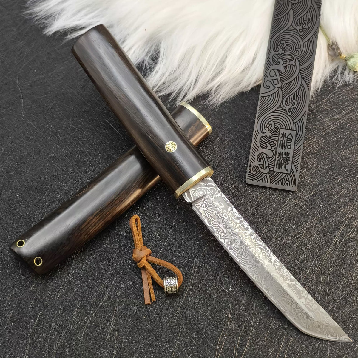 MASALONG Damascus Steel Fixed Blade Knife - Ebony Handle Japanese style