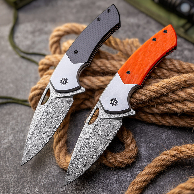 Outdoor folding sharp self-defense knife Damascus titanium alloy + G10 / carbon fiber cutting tool kni276