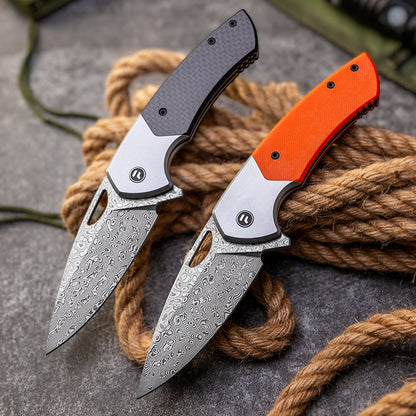 Outdoor folding sharp self-defense knife Damascus titanium alloy + G10 / carbon fiber cutting tool kni276