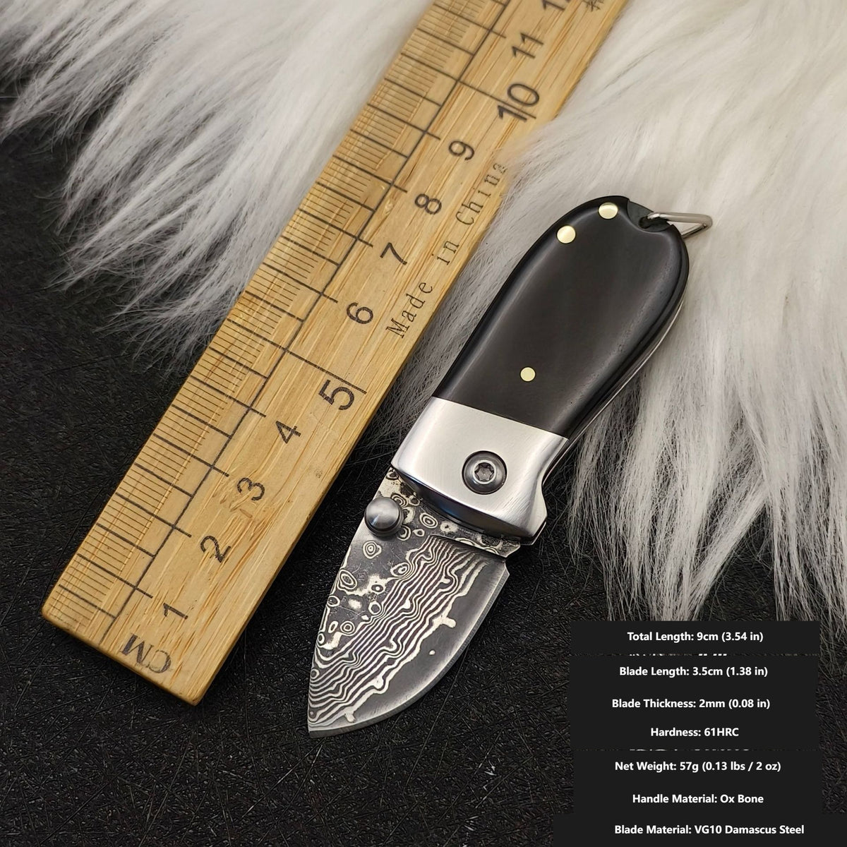MASALONG VG10 Damascus Steel Ox Bone Mini Folding Knife - EDC Keychain Utility
