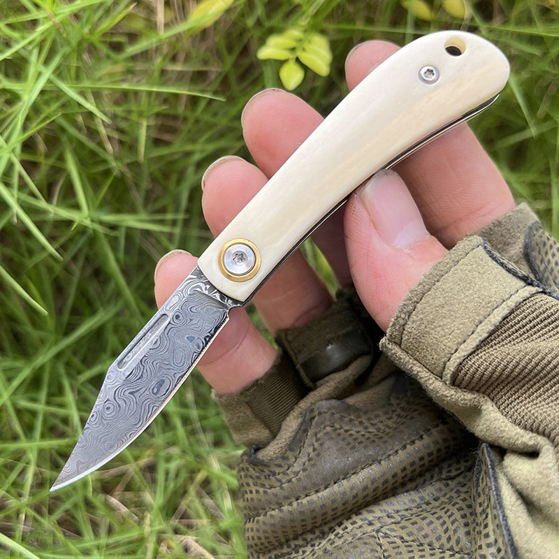 MASALONG VG10 Damascus Ox Bone Mini Keychain Folding Knife - EDC Utility