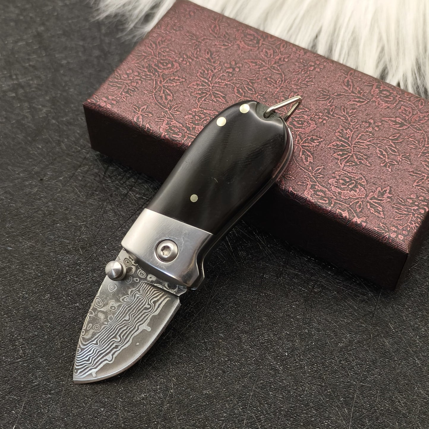 MASALONG VG10 Damascus Steel Ox Bone Mini Folding Knife - EDC Keychain Utility