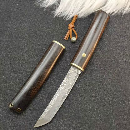 MASALONG Damascus Steel Fixed Blade Knife - Ebony Handle Japanese style