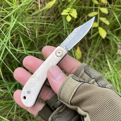 MASALONG VG10 Damascus Ox Bone Mini Keychain Folding Knife - EDC Utility