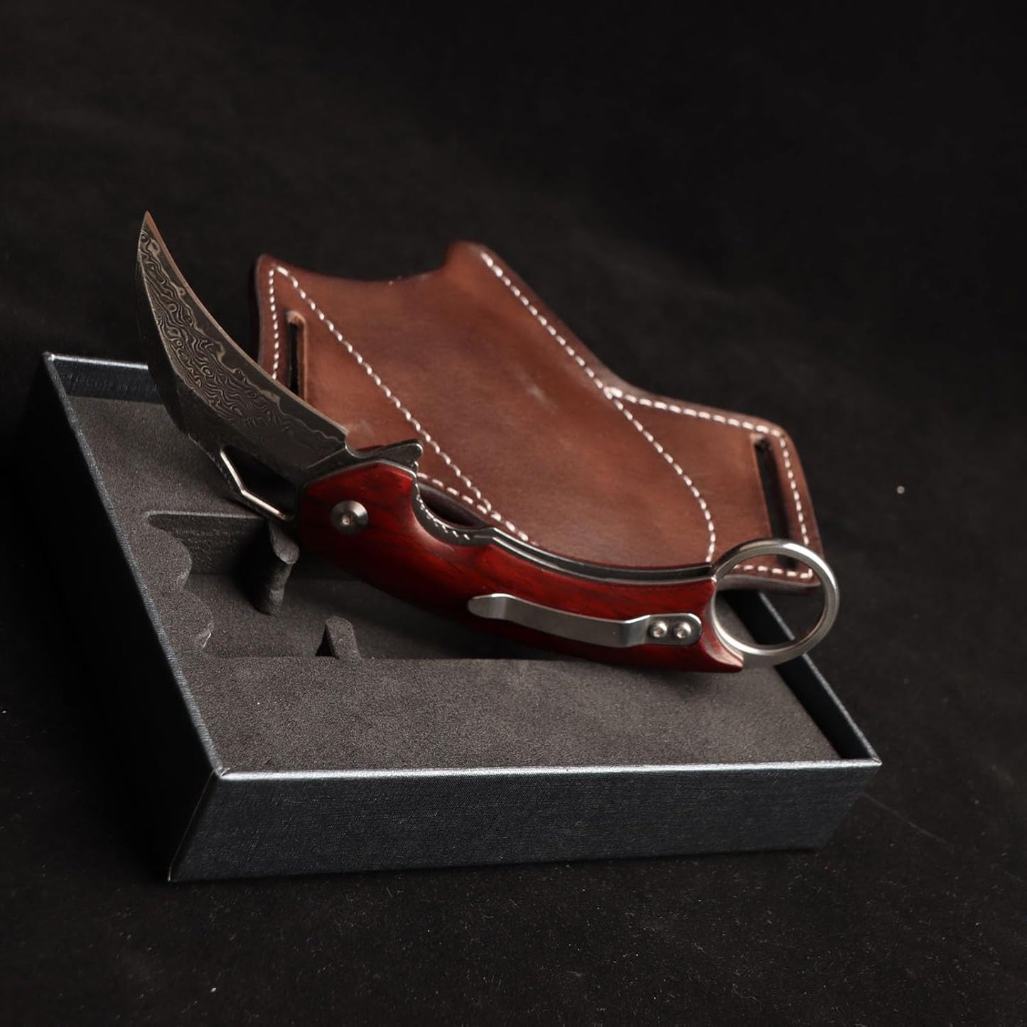 MASALONG VG 10 Damascus folding claw knife, natural sandalwood handle+exquisite leather case kni261