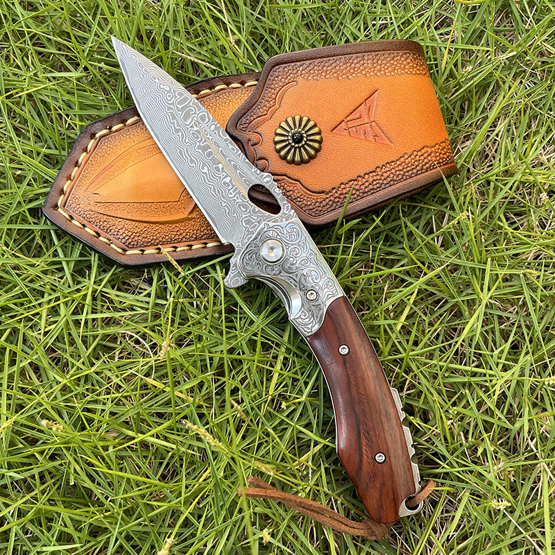 MASALONG Damascus Steel Rosewood Folding Pocket Knife - EDC Utility