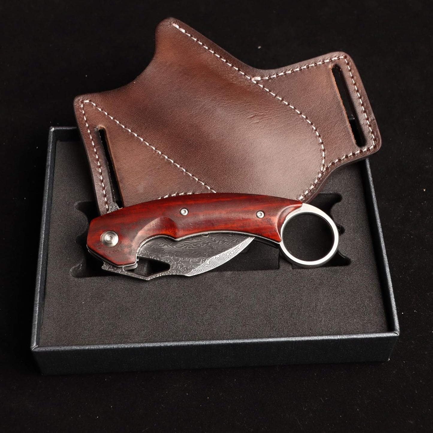 MASALONG VG 10 Damascus folding claw knife, natural sandalwood handle+exquisite leather case kni261