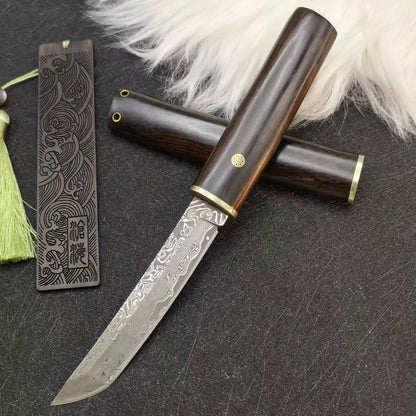 MASALONG Damascus Steel Fixed Blade Knife - Ebony Handle Japanese style