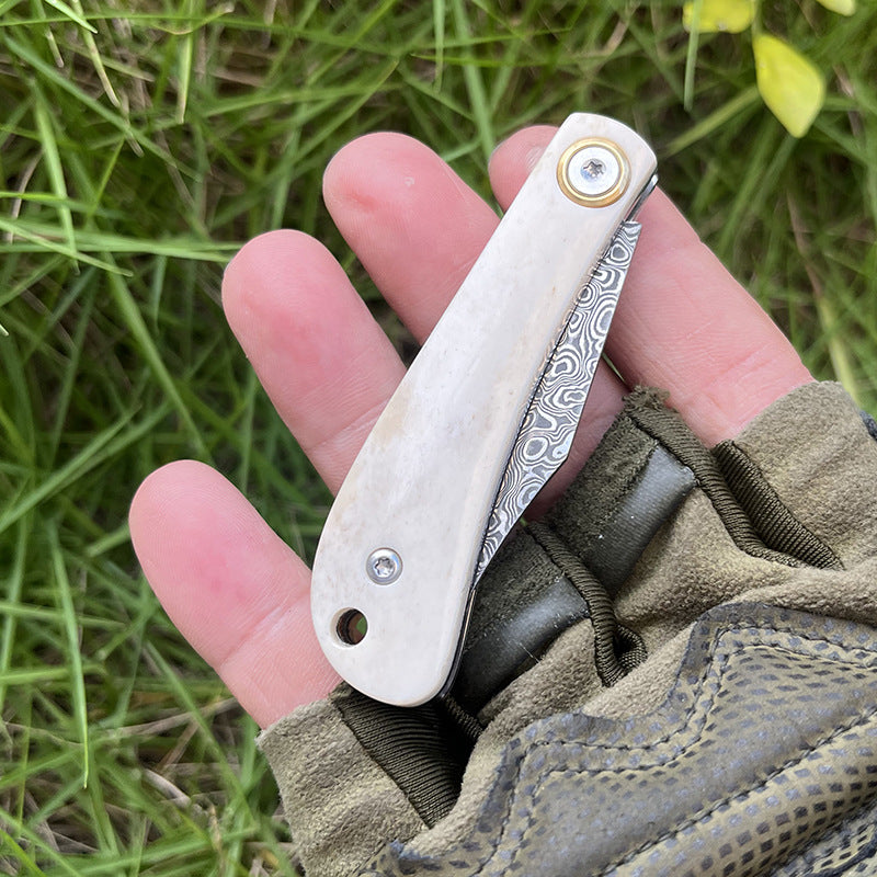 MASALONG VG10 Damascus Ox Bone Mini Keychain Folding Knife - EDC Utility