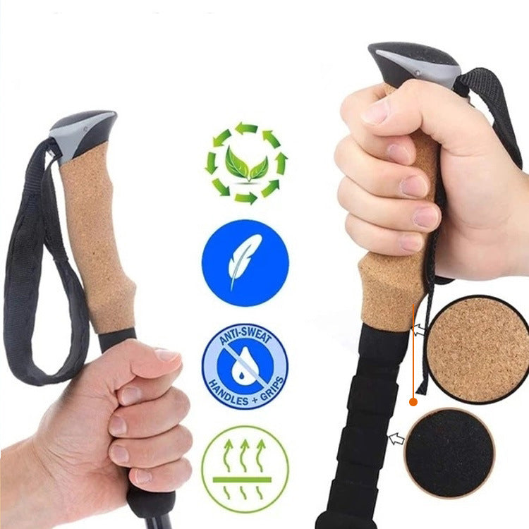 MA-QLM-001 Bastón de senderismo con mango de madera y aleación de aluminio con bloqueo externo, bastón de senderismo con absorción de sudor de corcho