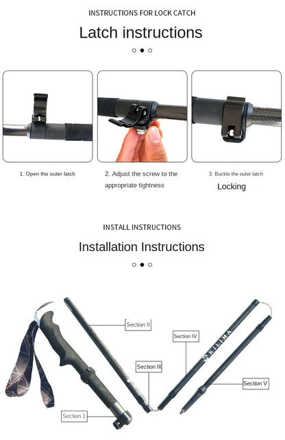 MA-QLM-007 Bengala de escalada dobrável de fibra de carbono 3K com cabo longo e fivela de metal para escalada e caminhada, bengala de carbono ultraleve