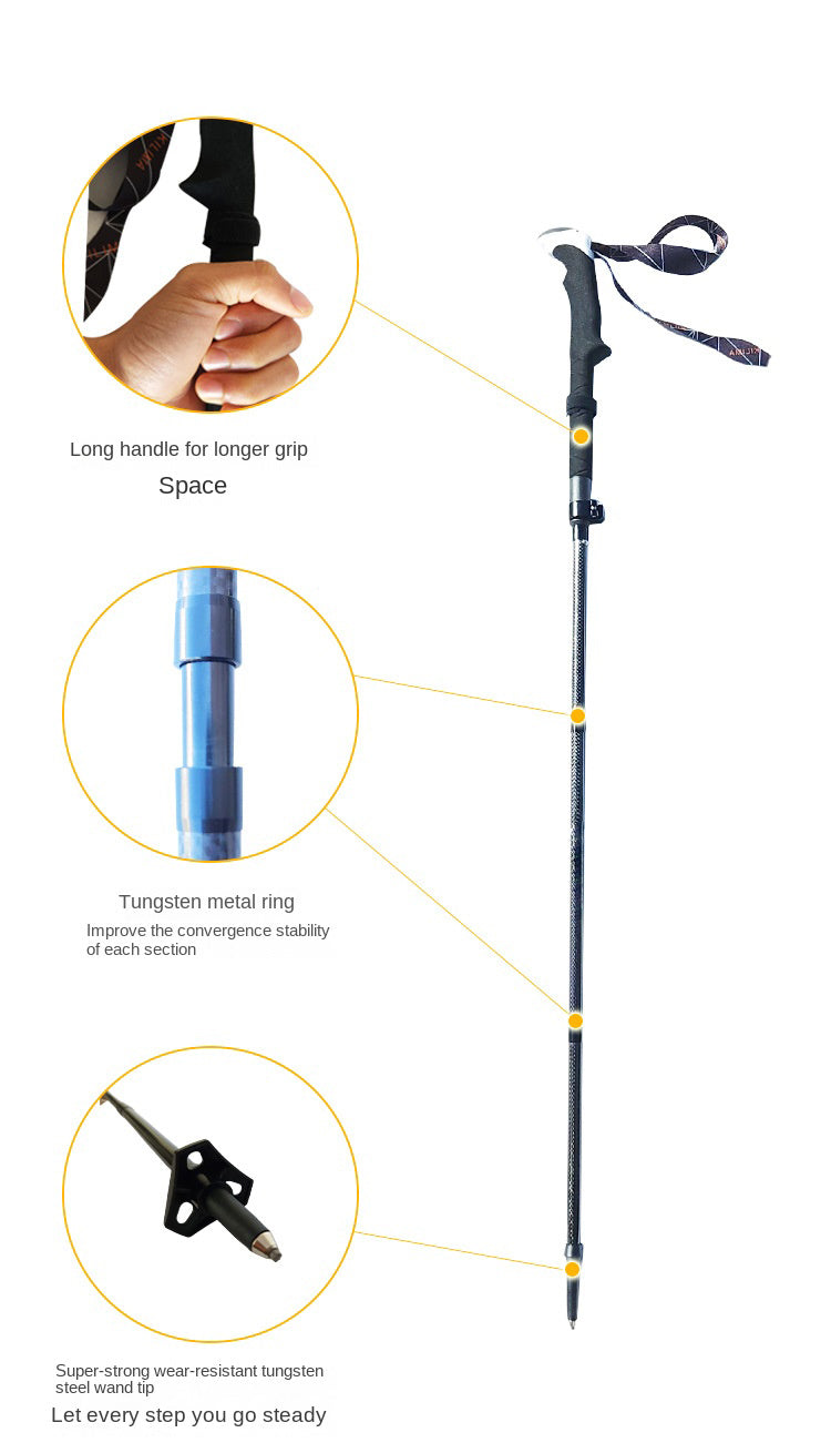 MA-QLM-007 Bengala de escalada dobrável de fibra de carbono 3K com cabo longo e fivela de metal para escalada e caminhada, bengala de carbono ultraleve