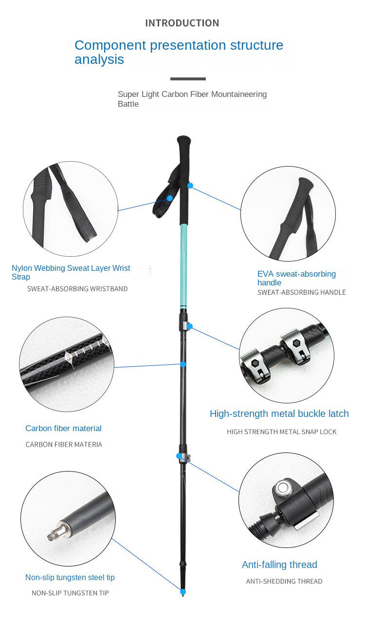 MA-QLM-010 Bastão de caminhada de fibra de carbono com fivela grande de metal, adequado para caminhadas em montanhas nevadas, com cabo reto flexível e peso leve