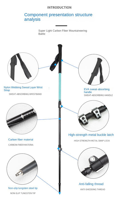 MA-QLM-010 Bastão de caminhada de fibra de carbono com fivela grande de metal, adequado para caminhadas em montanhas nevadas, com cabo reto flexível e peso leve