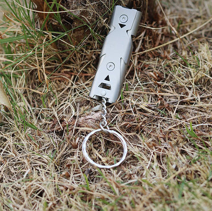 Silbato de supervivencia al aire libre MA-WY-038 Silbato de rescate de terremoto de alta frecuencia de metal para exteriores Silbato de explosión de doble orificio de alto decibelio Silbato de acero inoxidable