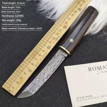 MASALONG Damascus Steel Fixed Blade Knife - Ebony Handle Japanese style
