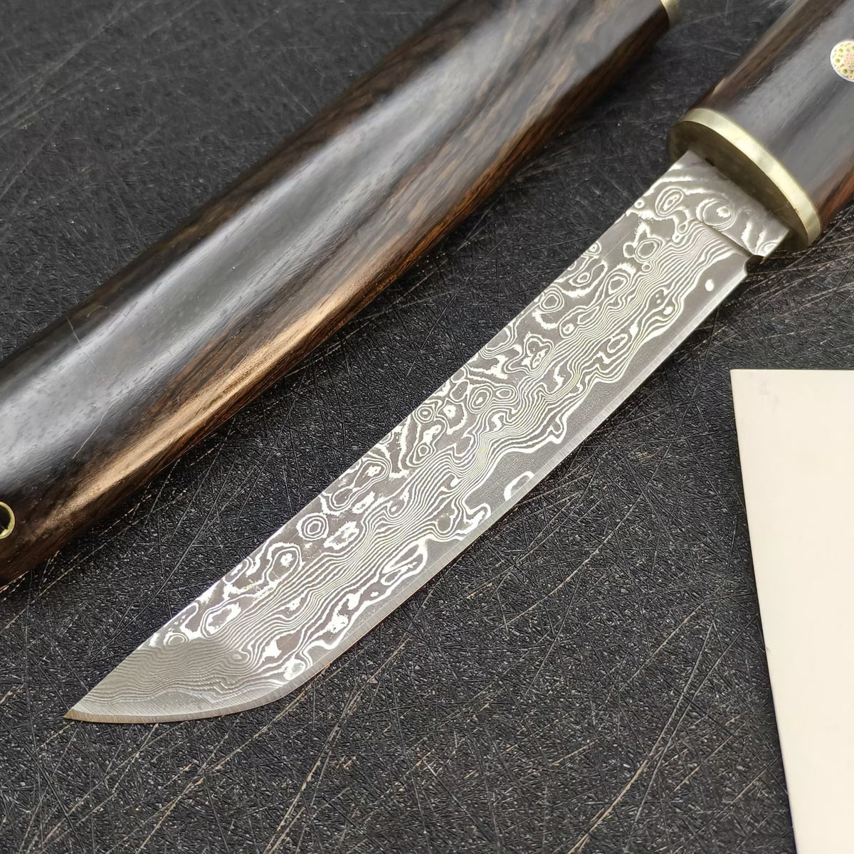 MASALONG Damascus Steel Fixed Blade Knife - Ebony Handle Japanese style