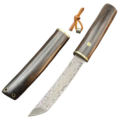 MASALONG Damascus Steel Fixed Blade Knife - Ebony Handle Japanese style