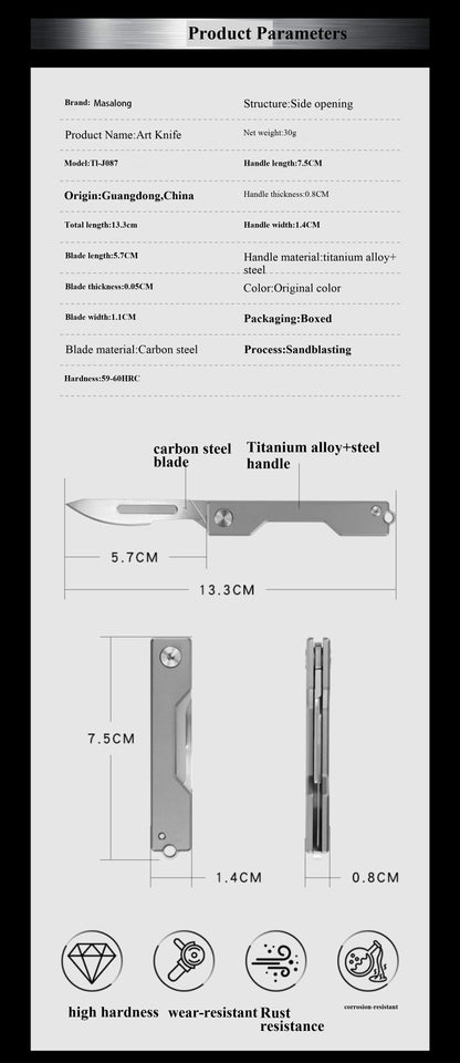 Masalong Utility Folding Scalpel Knife 10Pcs #24 Blades Titanium Alloy Handle with Keychain Hanger Loop kni237-b