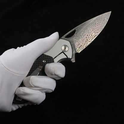 Faca dobrável afiada para autodefesa, para uso no exterior, em liga de titânio Damasco + G10 / ferramenta de corte em fibra de carbono kni276