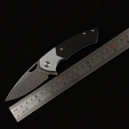 Faca dobrável afiada para autodefesa, para uso no exterior, em liga de titânio Damasco + G10 / ferramenta de corte em fibra de carbono kni276