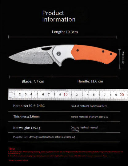 Outdoor folding sharp self-defense knife Damascus titanium alloy + G10 / carbon fiber cutting tool kni276