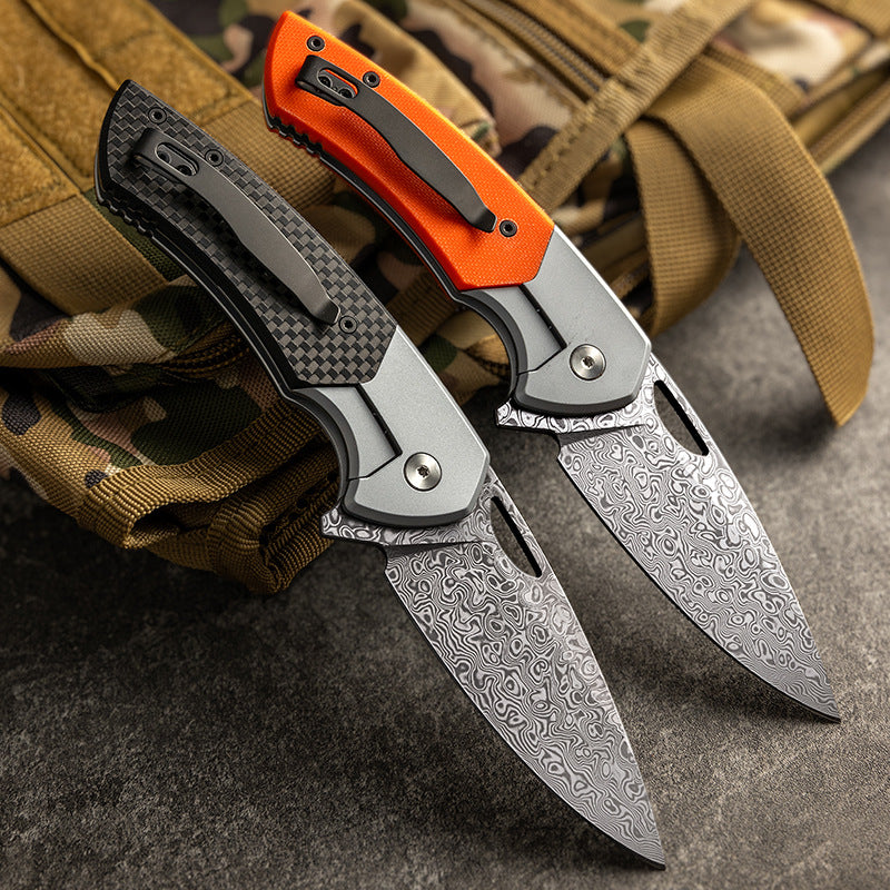 Outdoor folding sharp self-defense knife Damascus titanium alloy + G10 / carbon fiber cutting tool kni276