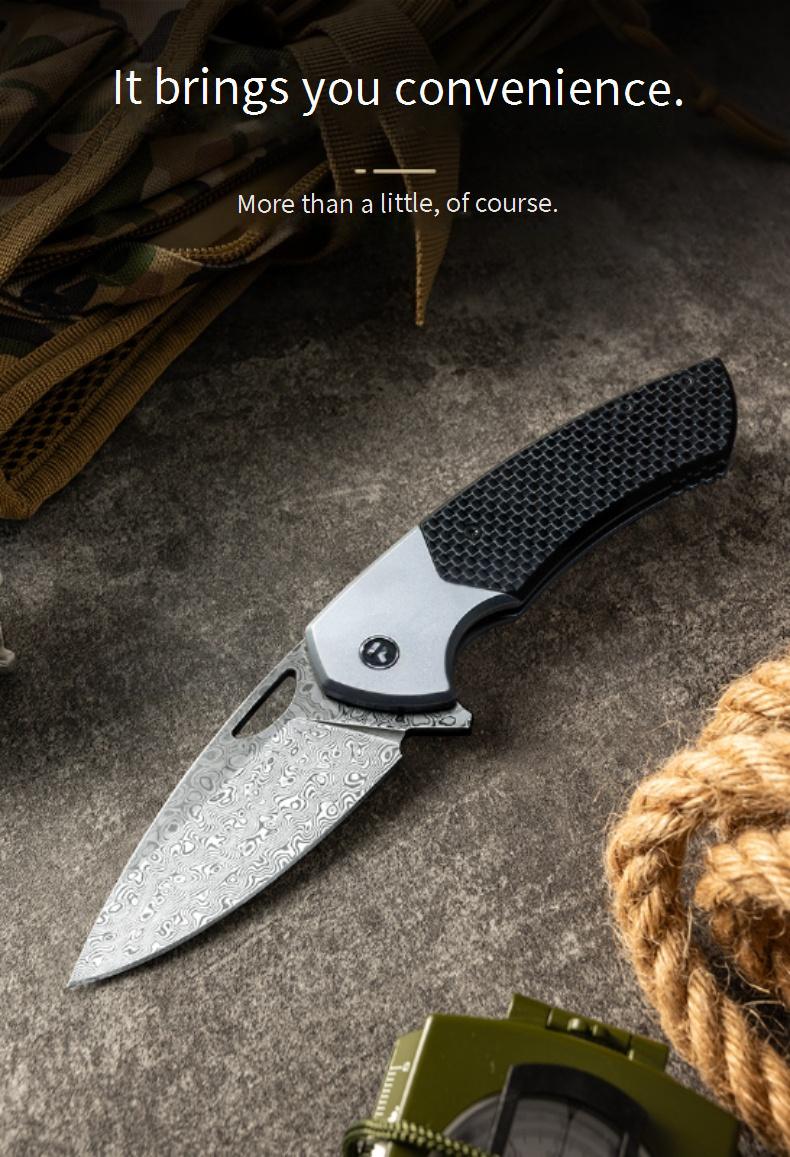 Outdoor folding sharp self-defense knife Damascus titanium alloy + G10 / carbon fiber cutting tool kni276