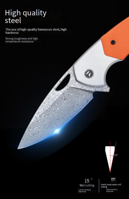 Outdoor folding sharp self-defense knife Damascus titanium alloy + G10 / carbon fiber cutting tool kni276