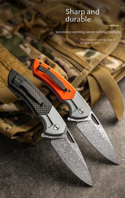 Outdoor folding sharp self-defense knife Damascus titanium alloy + G10 / carbon fiber cutting tool kni276