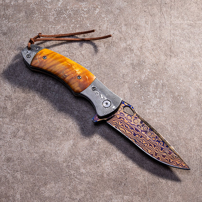 Kni283 Folding Knife Outdoor Camping Survival coreless Damascus Blade High Hardness Sand iron wood handle