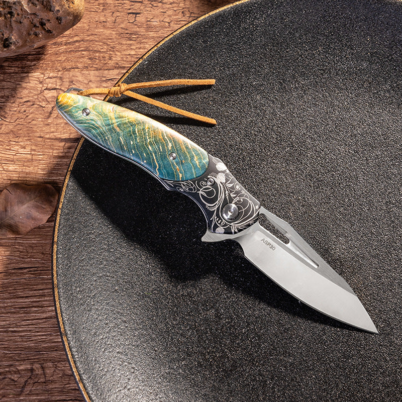 Kni284 Outdoor Folding Knife ASP30 Powder Steel Stable Wood Handle Wire Lock Folding Outdoor Knife