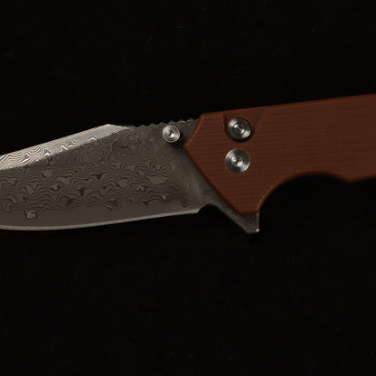 Masalong kni286 Damascus steel blade, G10 handle, anti-slip folding knife, button lock suitable for daily outdoor camping and tactical use