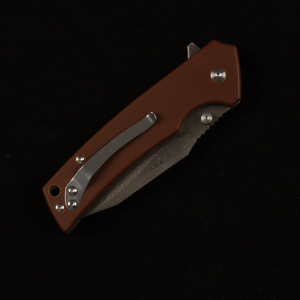 Masalong kni286 Damascus steel blade, G10 handle, anti-slip folding knife, button lock suitable for daily outdoor camping and tactical use