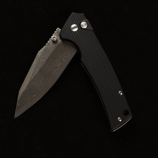 Masalong kni286 Damascus steel blade, G10 handle, anti-slip folding knife, button lock suitable for daily outdoor camping and tactical use