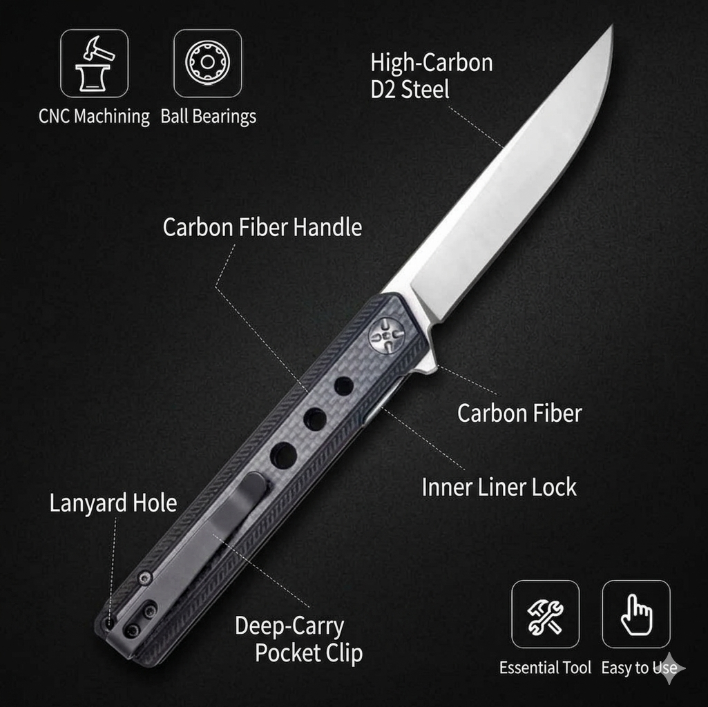 Masalong kni287 Survival Carbon Fiber Handle D2 Steel Folding Outdoor Knife