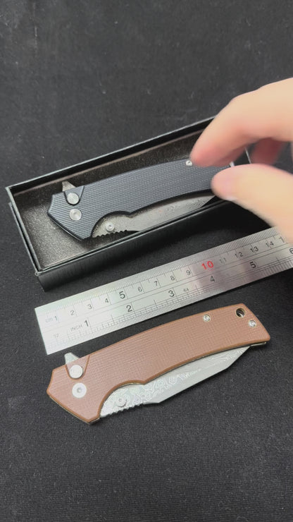 Masalong kni286 Damascus steel blade, G10 handle, anti-slip folding knife, button lock suitable for daily outdoor camping and tactical use