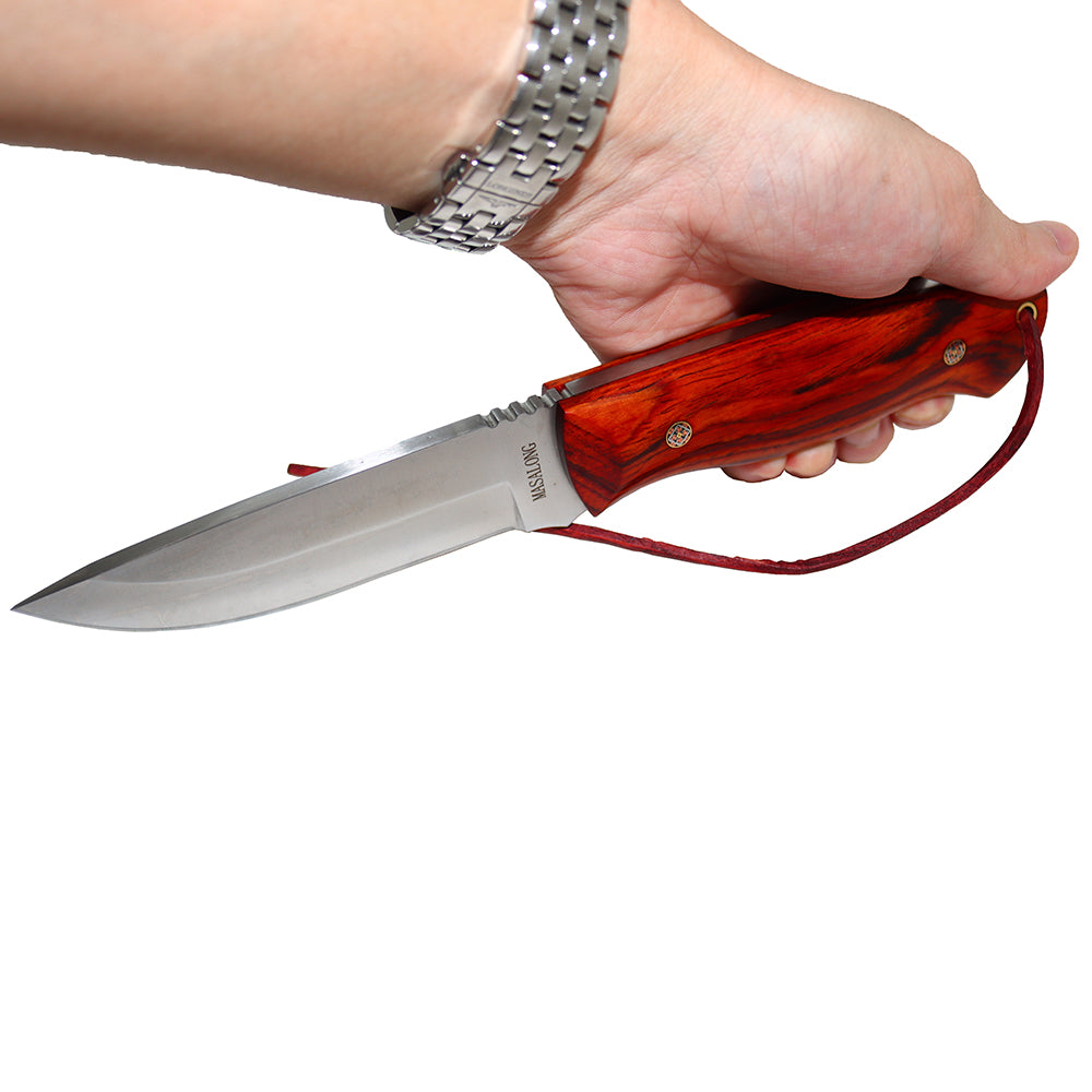 MASALONG Outdoor hunting camping straight knife kni196, ultra-hard VG10 steel blade, rosewood handle, carved tanned leather