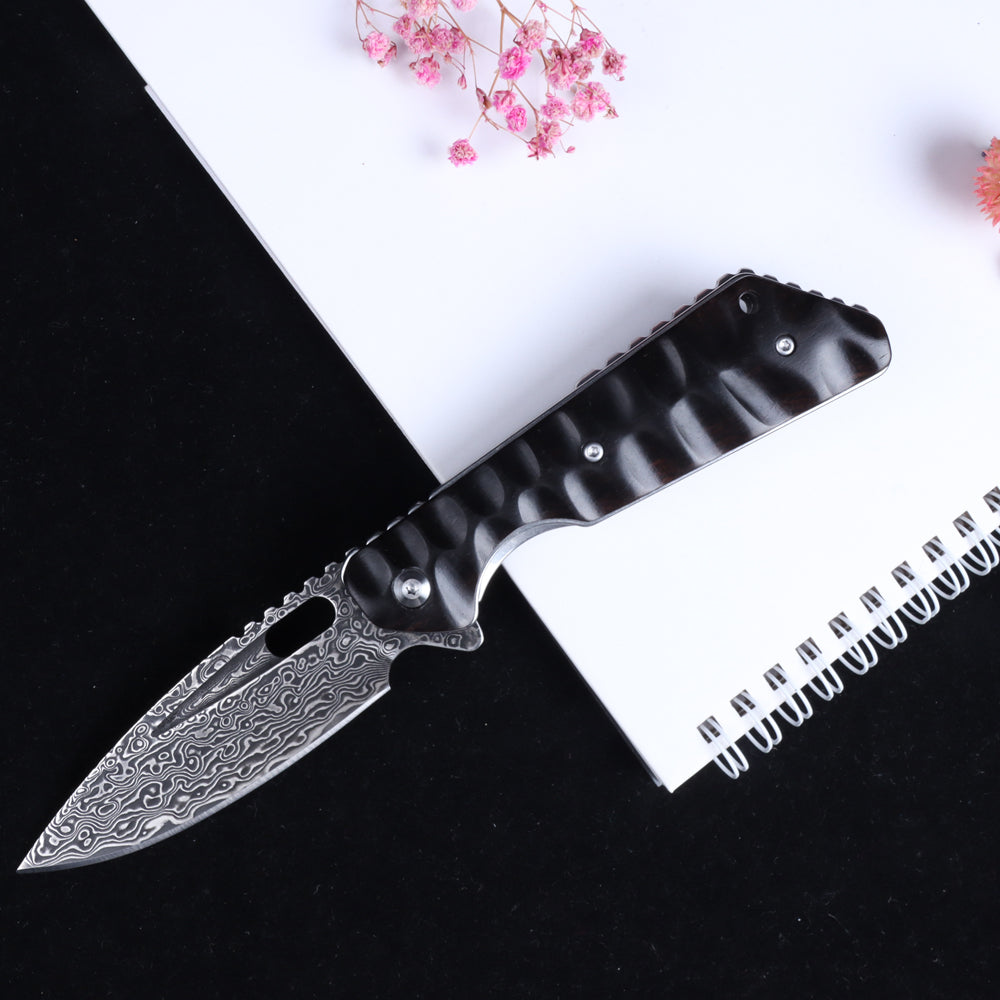 MASALONG Titan Damascus Blade tactical Folding Knife, Special Black Ebony Handle EDC