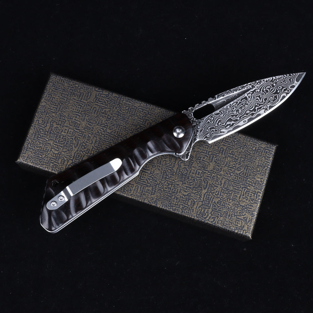 MASALONG Titan Damascus Blade faca tática dobrável, cabo especial de ébano preto EDC kni246