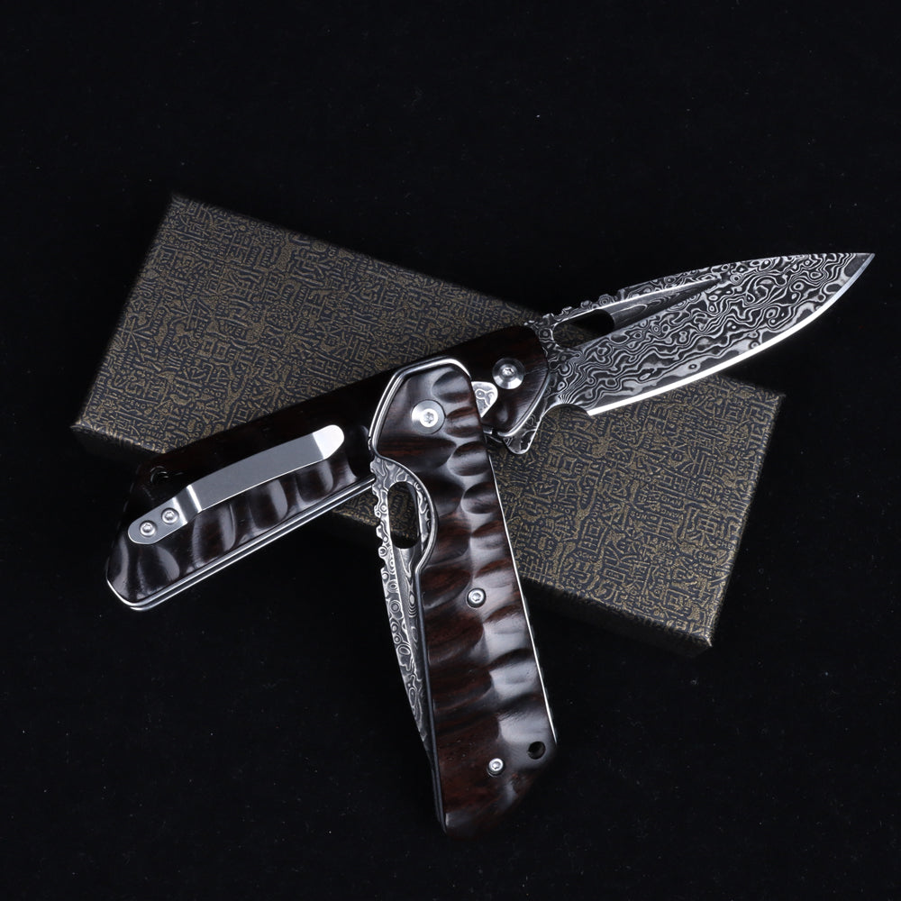MASALONG Titan Damascus Blade faca tática dobrável, cabo especial de ébano preto EDC kni246