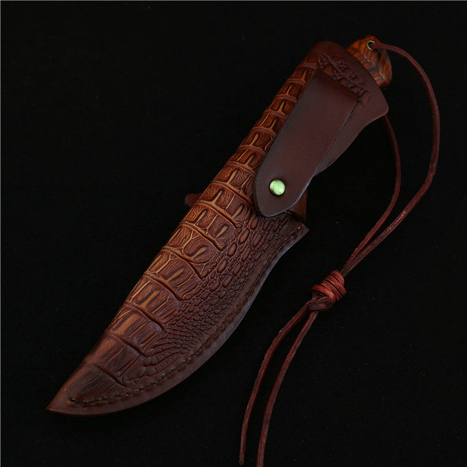 MASALONG Outdoor hunting camping straight knife kni196, ultra-hard VG10 steel blade, rosewood handle, carved tanned leather